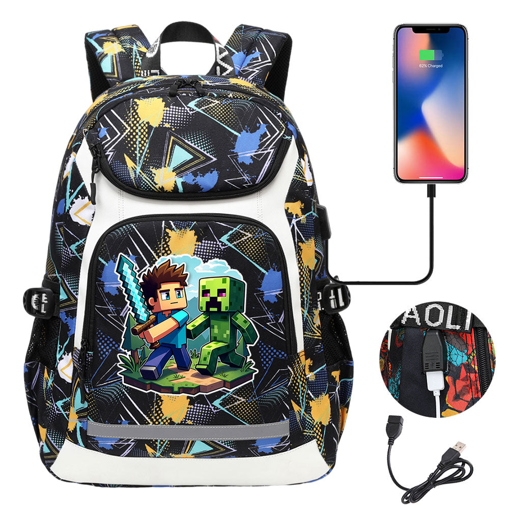 Minecraft Steve USB Charging Backpack School Notebook Travel Bags
