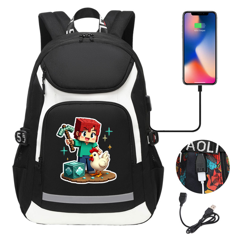 Minecraft Steve USB Charging Backpack School Notebook Travel Bags