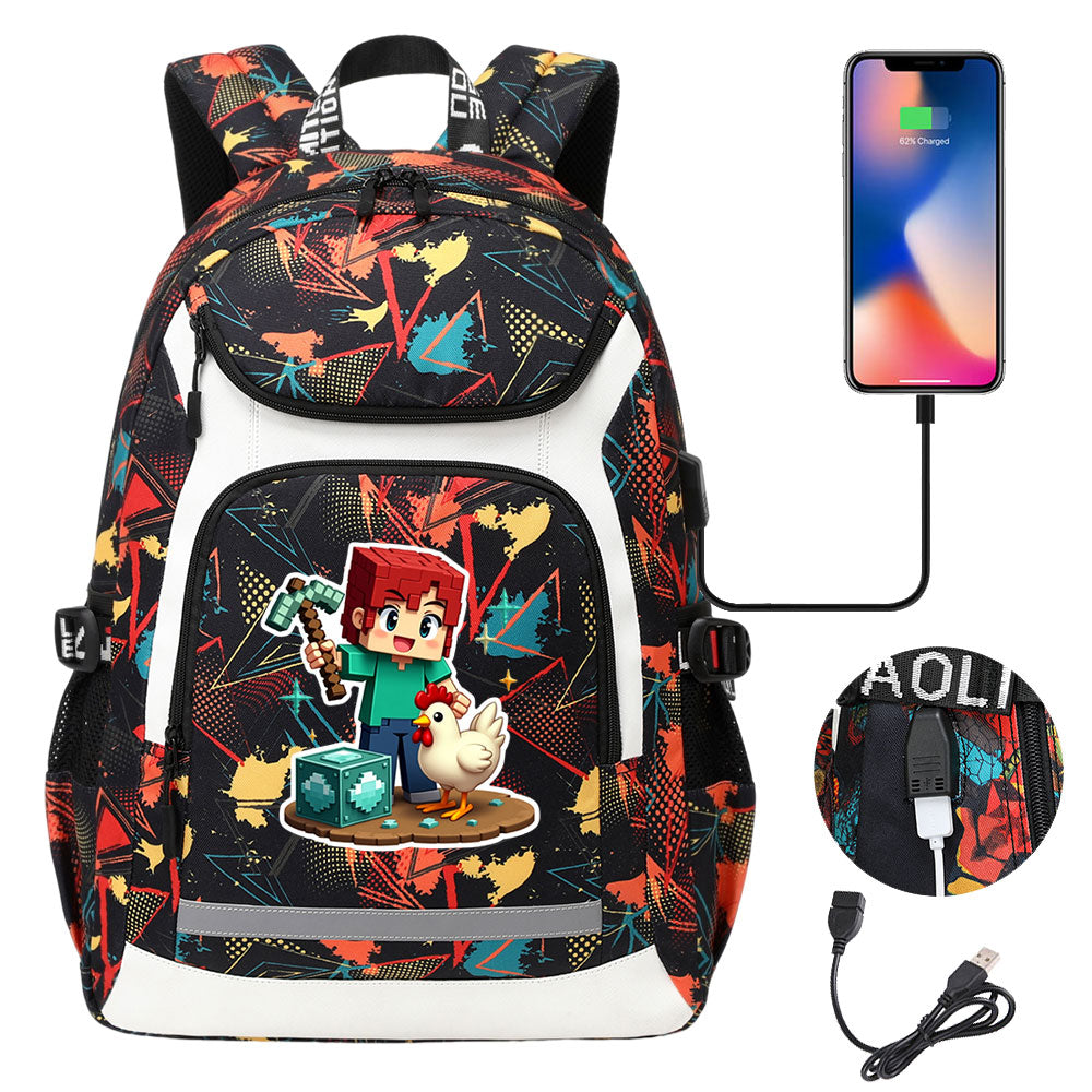 Minecraft Steve USB Charging Backpack School Notebook Travel Bags