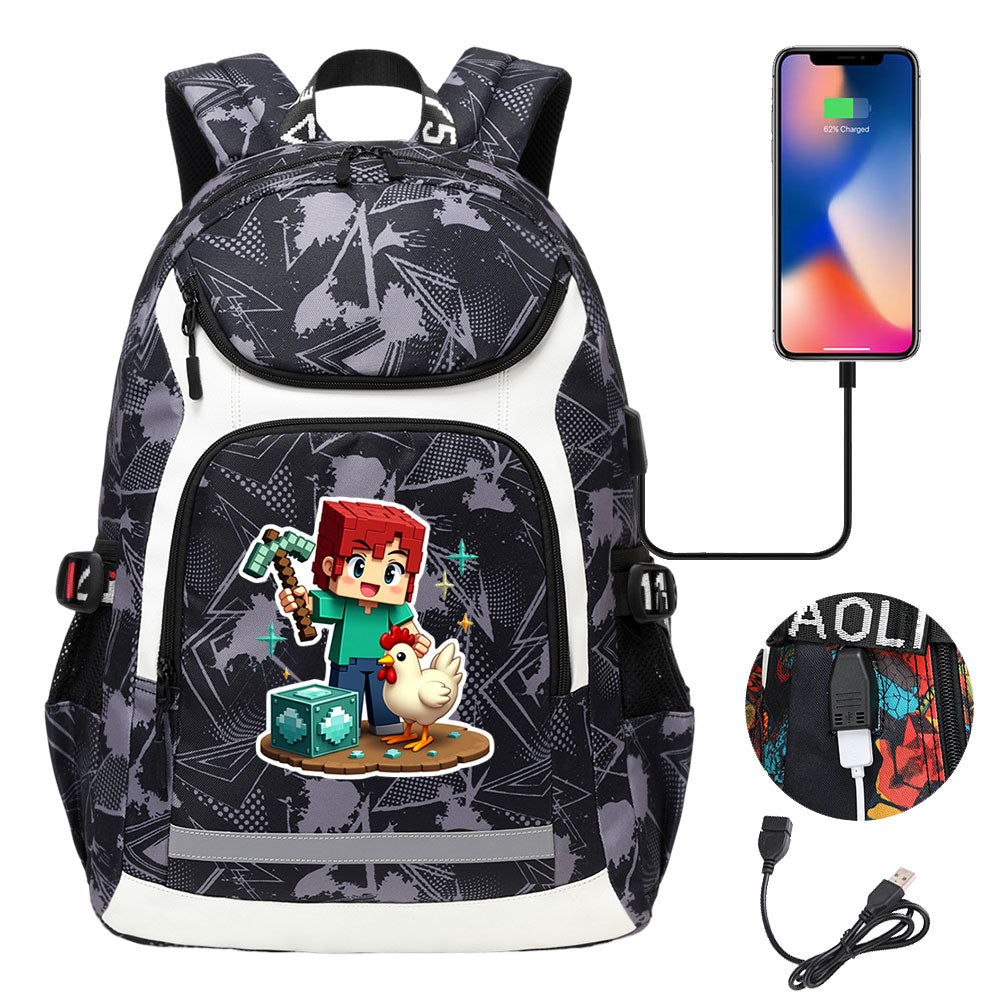 Minecraft Steve USB Charging Backpack School Notebook Travel Bags
