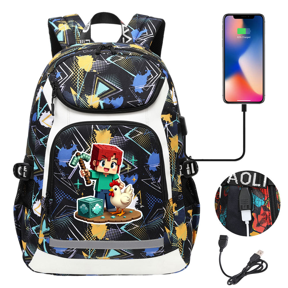 Minecraft Steve USB Charging Backpack School Notebook Travel Bags