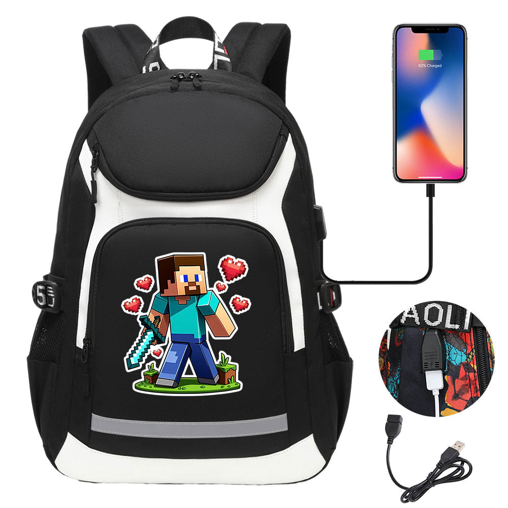 Minecraft Steve USB Charging Backpack School Notebook Travel Bags
