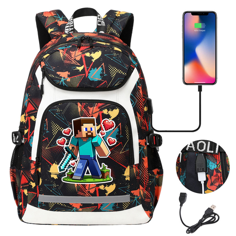 Minecraft Steve USB Charging Backpack School Notebook Travel Bags