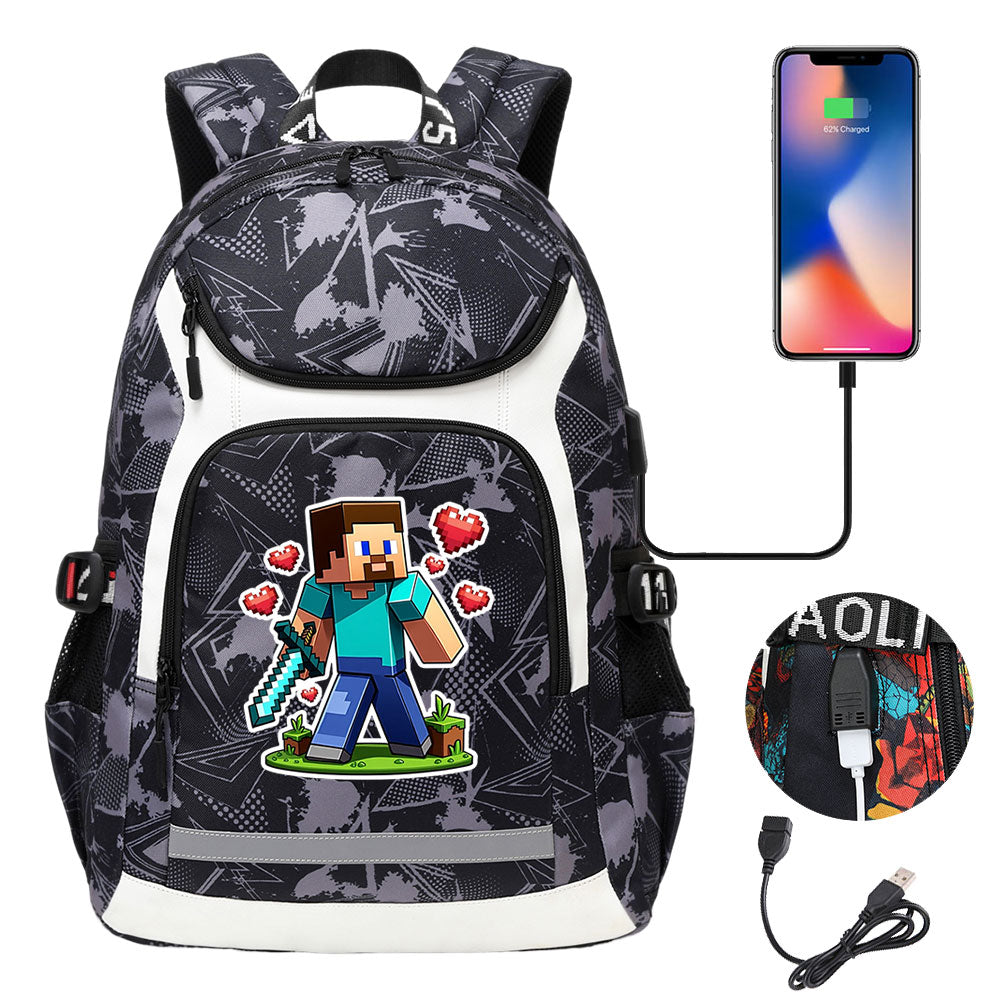 Minecraft Steve USB Charging Backpack School Notebook Travel Bags