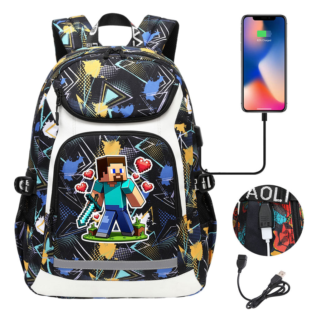 Minecraft Steve USB Charging Backpack School Notebook Travel Bags