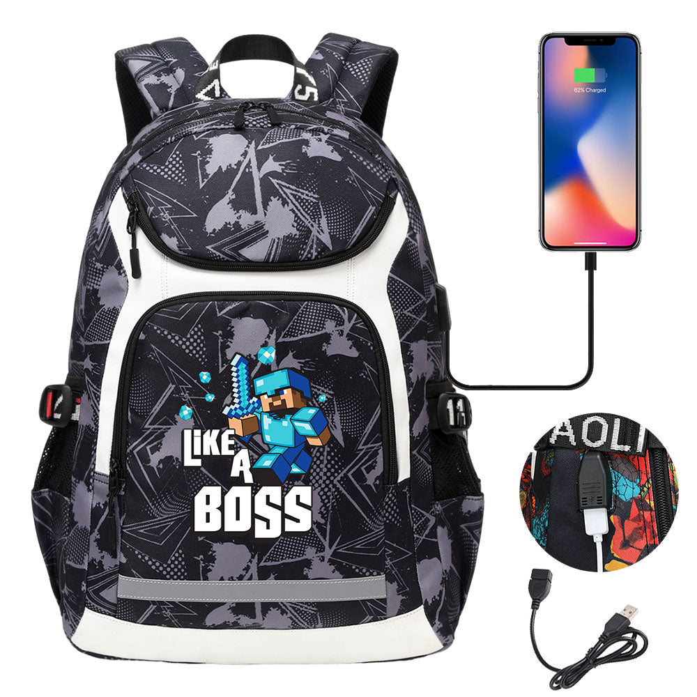 Minecraft Steve USB Charging Backpack School Notebook Travel Bags
