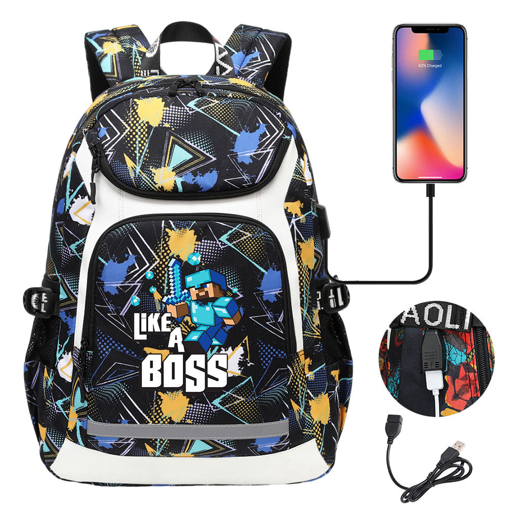 Minecraft Steve USB Charging Backpack School Notebook Travel Bags
