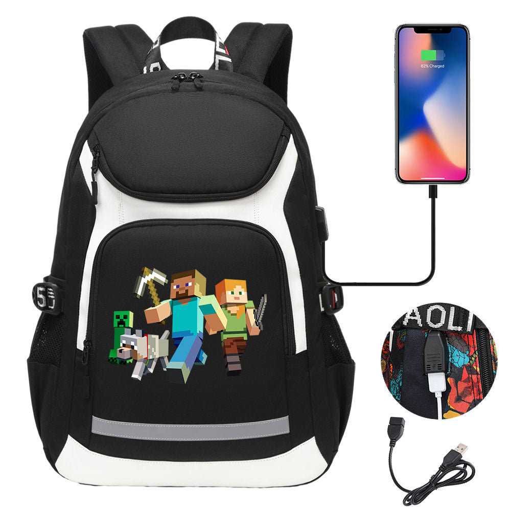 Minecraft Steve USB Charging Backpack School Notebook Travel Bags