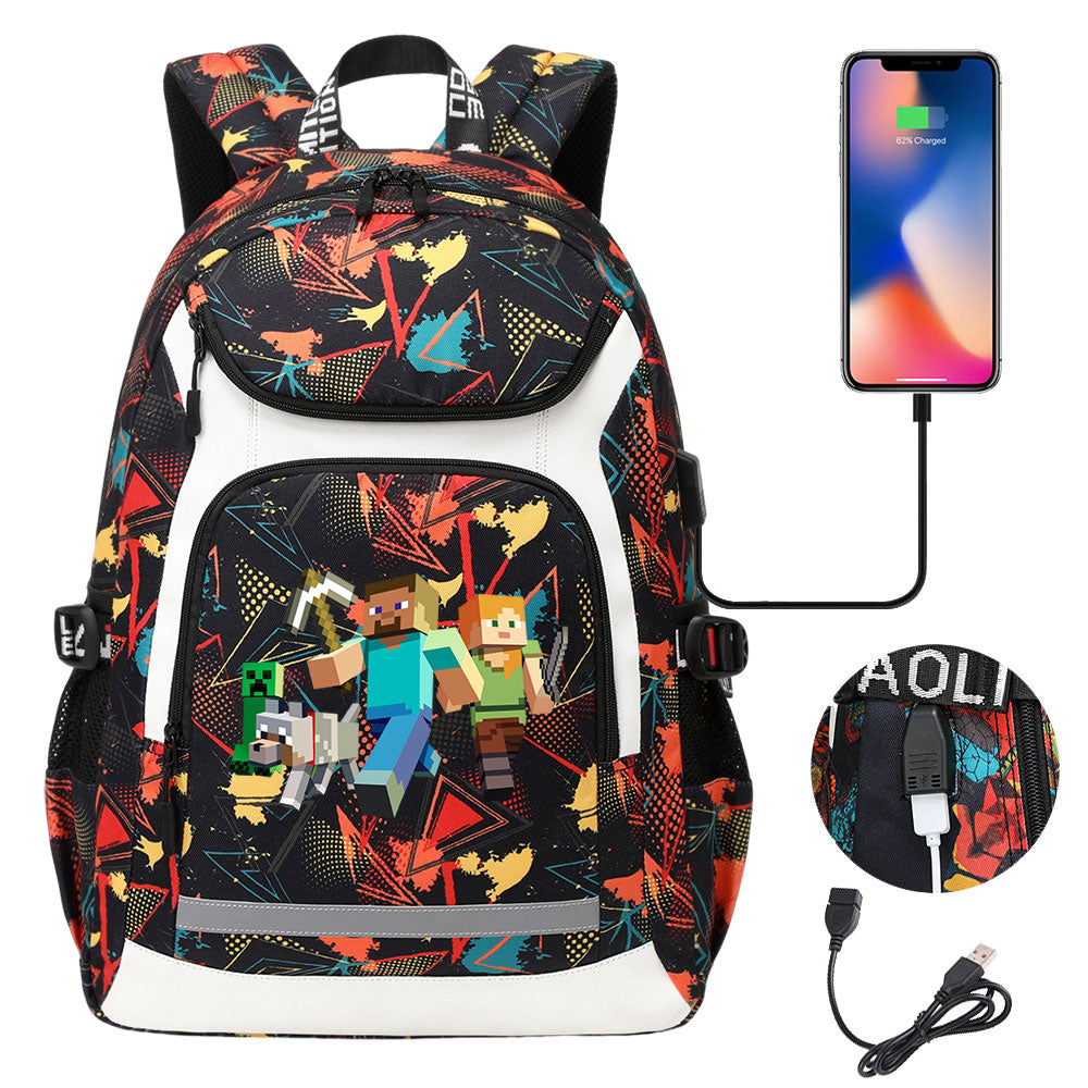 Minecraft Steve USB Charging Backpack School Notebook Travel Bags