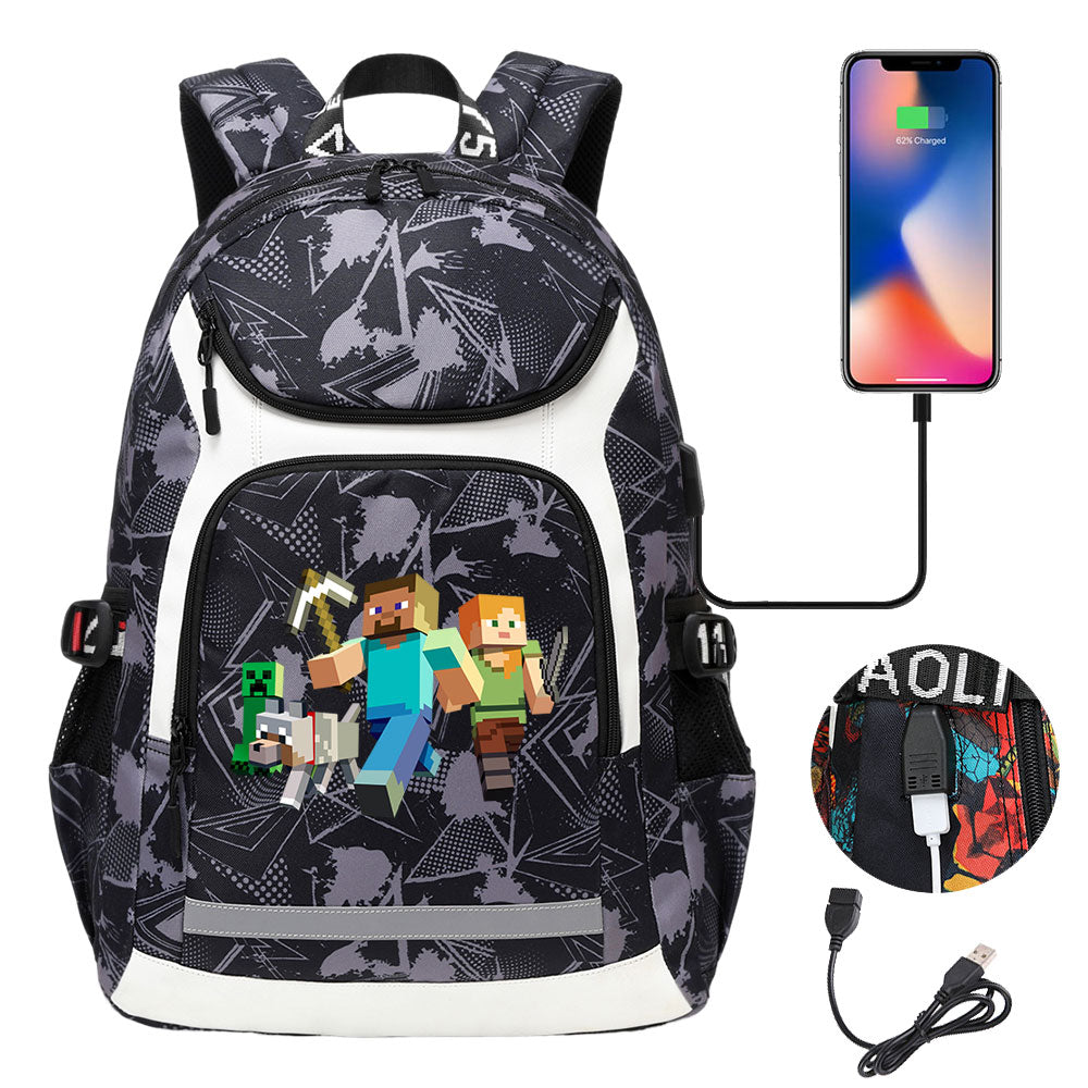 Minecraft Steve USB Charging Backpack School Notebook Travel Bags