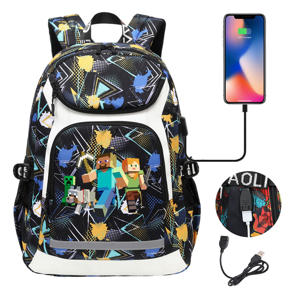 Minecraft Steve USB Charging Backpack School Notebook Travel Bags