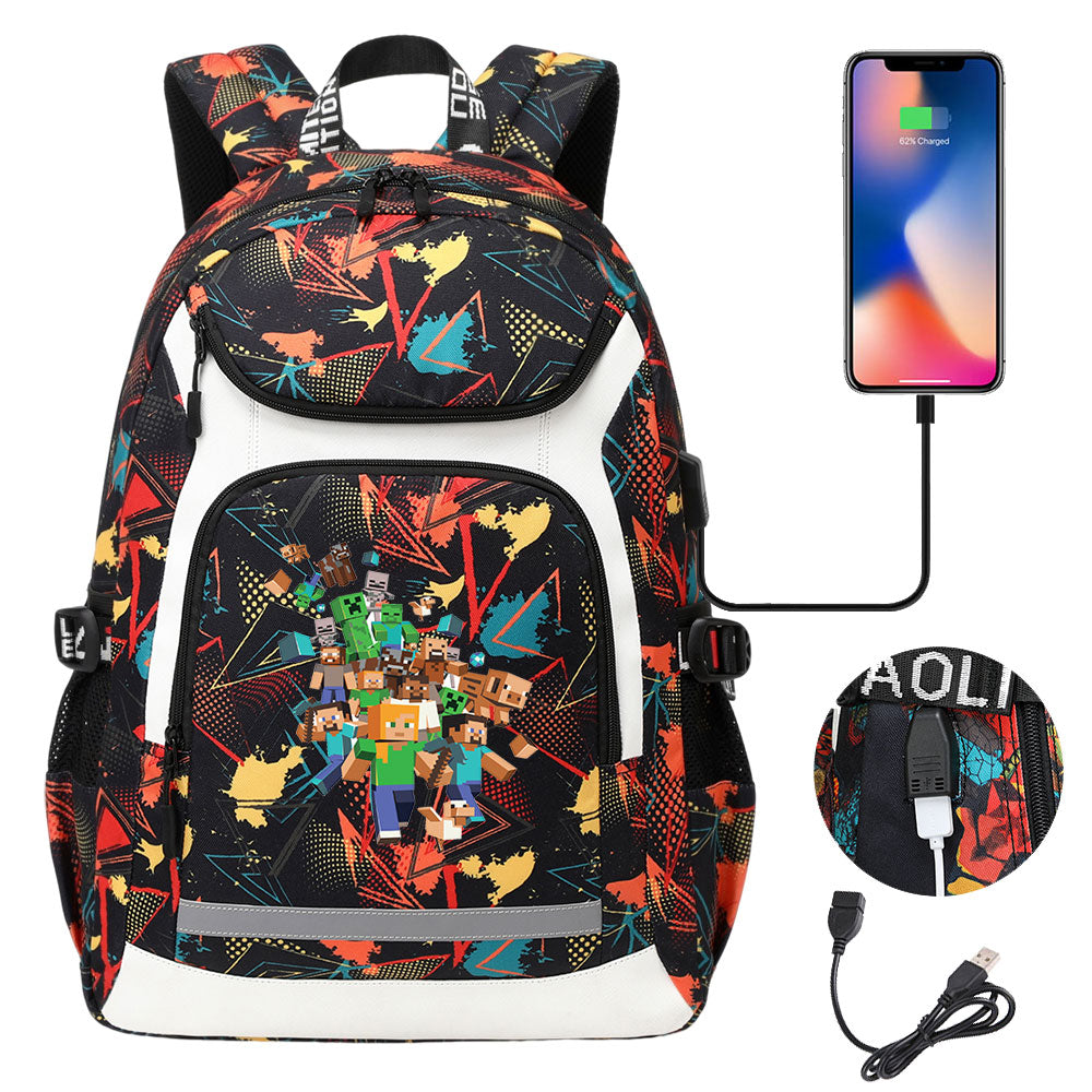 Minecraft USB Charging Backpack School Notebook Travel Bags