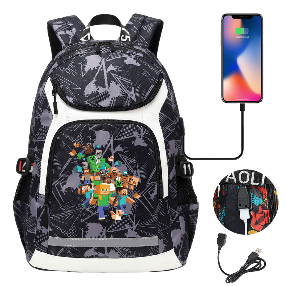 Minecraft USB Charging Backpack School Notebook Travel Bags