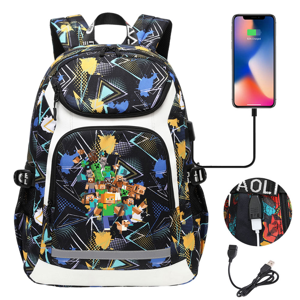 Minecraft USB Charging Backpack School Notebook Travel Bags