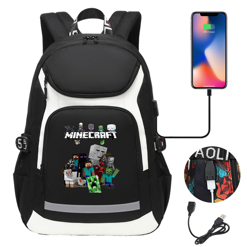 Minecraft USB Charging Backpack School Notebook Travel Bags