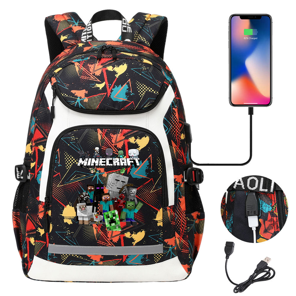 Minecraft USB Charging Backpack School Notebook Travel Bags