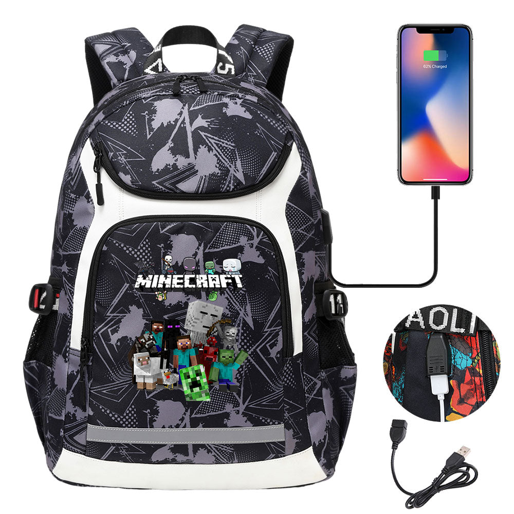 Minecraft USB Charging Backpack School Notebook Travel Bags