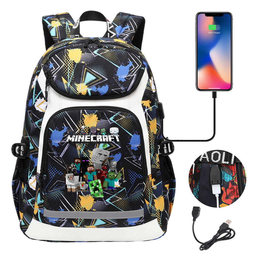 Minecraft USB Charging Backpack School Notebook Travel Bags