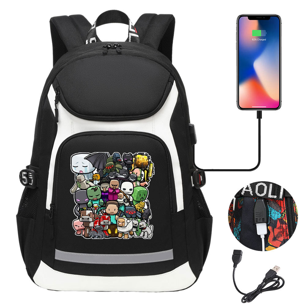 Minecraft USB Charging Backpack School Notebook Travel Bags