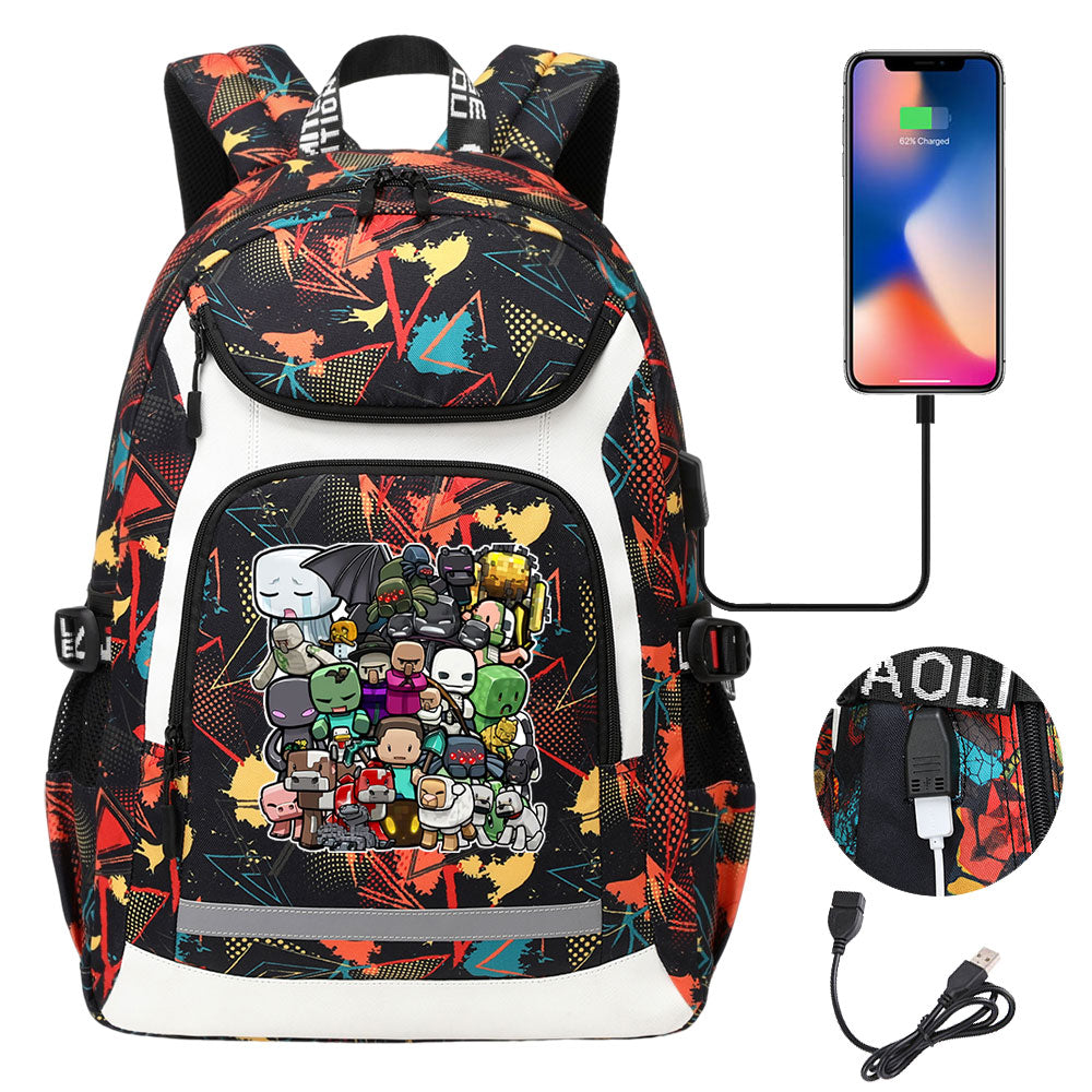 Minecraft USB Charging Backpack School Notebook Travel Bags