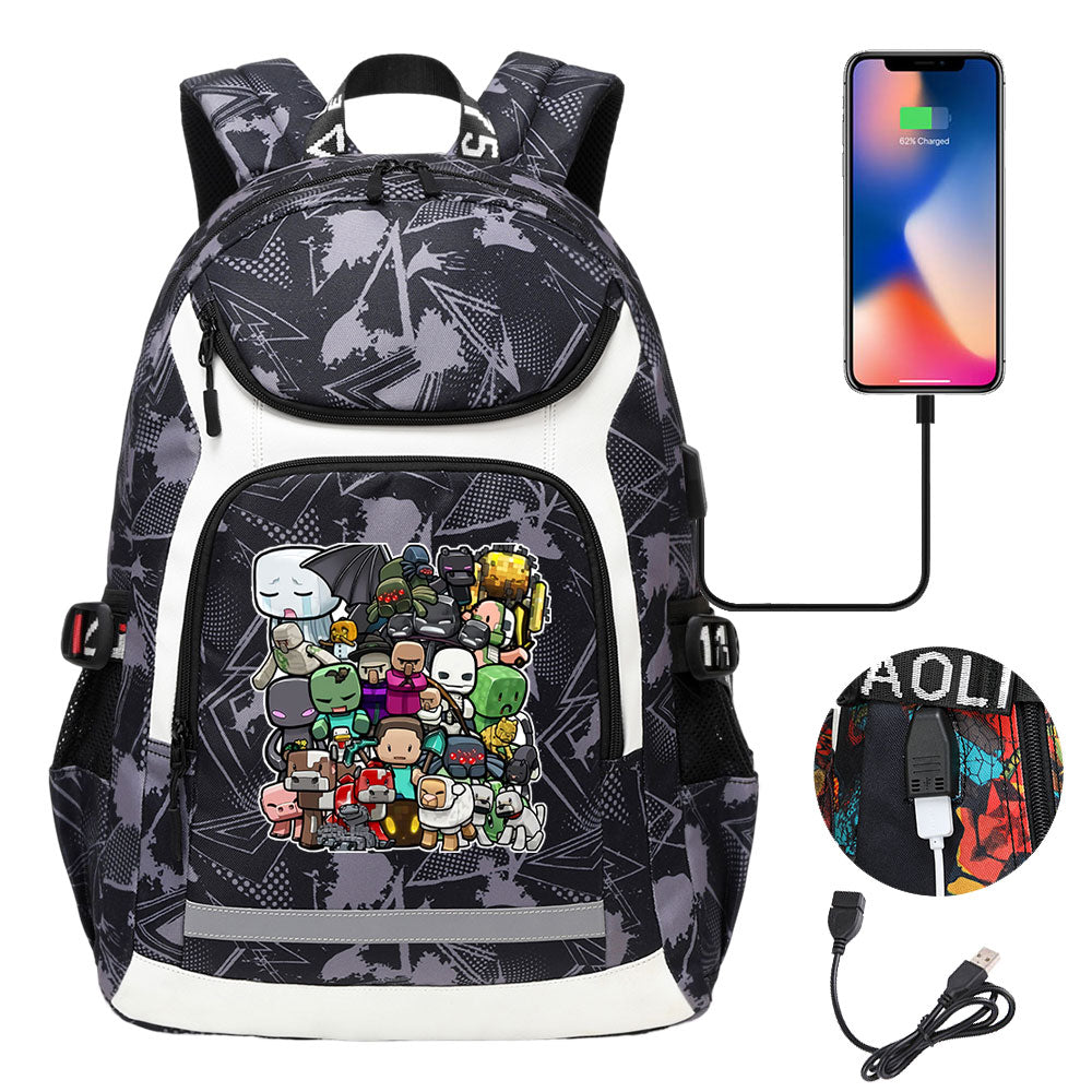 Minecraft USB Charging Backpack School Notebook Travel Bags