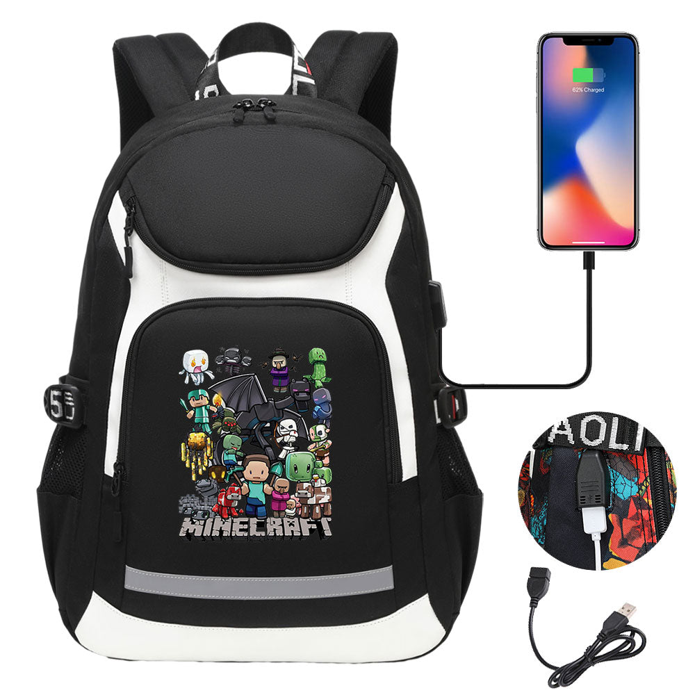 Minecraft USB Charging Backpack School Notebook Travel Bags