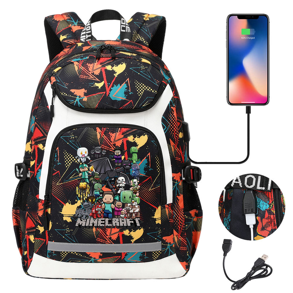 Minecraft USB Charging Backpack School Notebook Travel Bags
