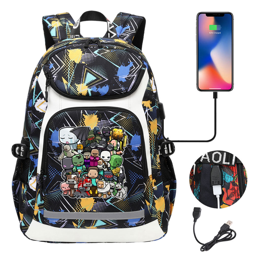 Minecraft USB Charging Backpack School Notebook Travel Bags