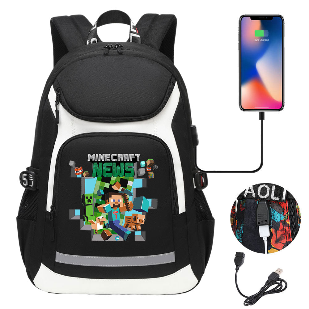 Minecraft USB Charging Backpack School Notebook Travel Bags