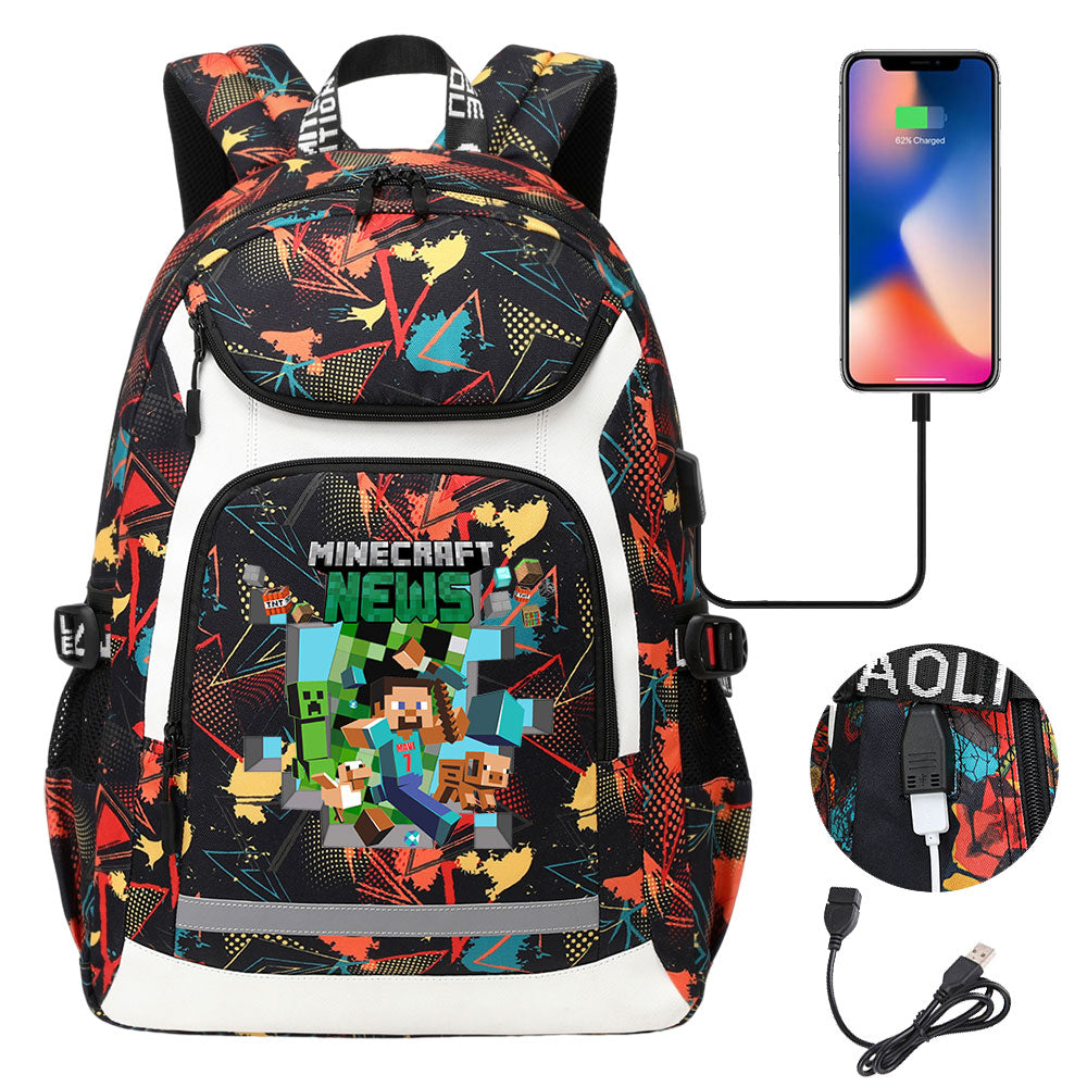 Minecraft USB Charging Backpack School Notebook Travel Bags
