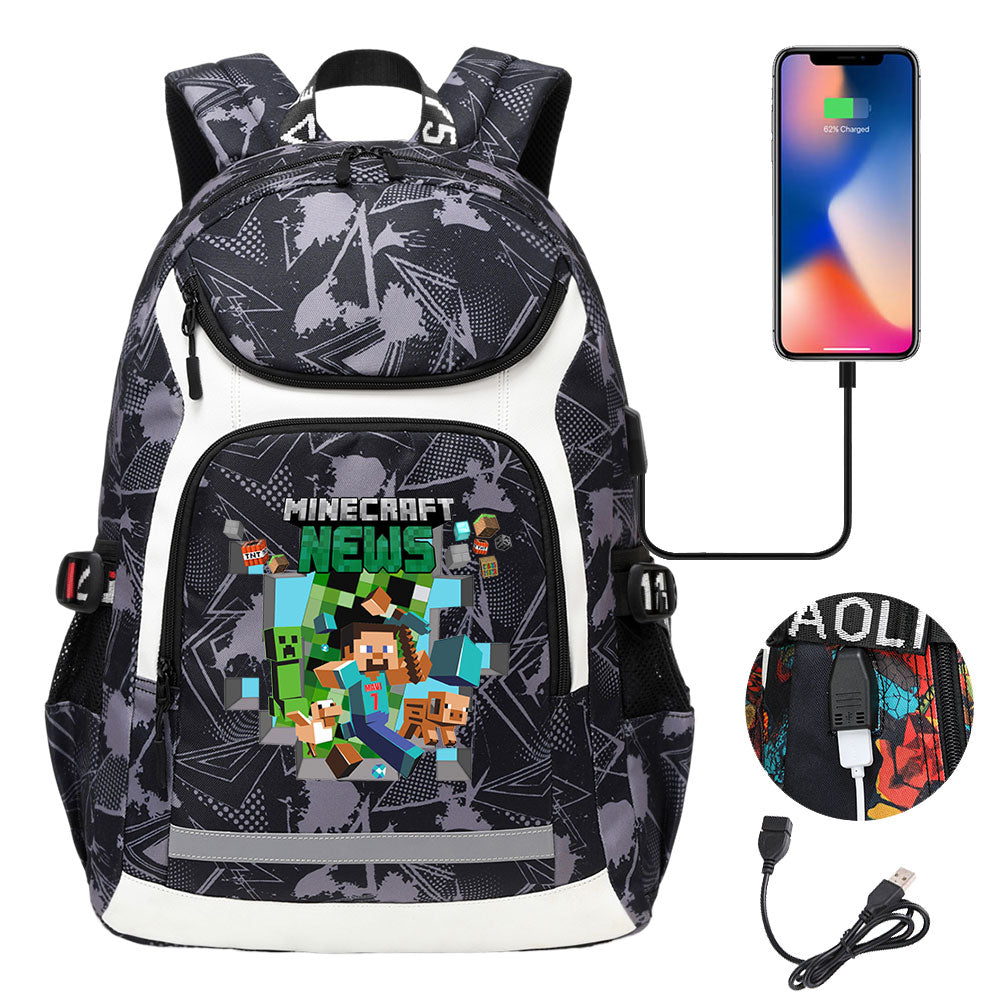 Minecraft USB Charging Backpack School Notebook Travel Bags