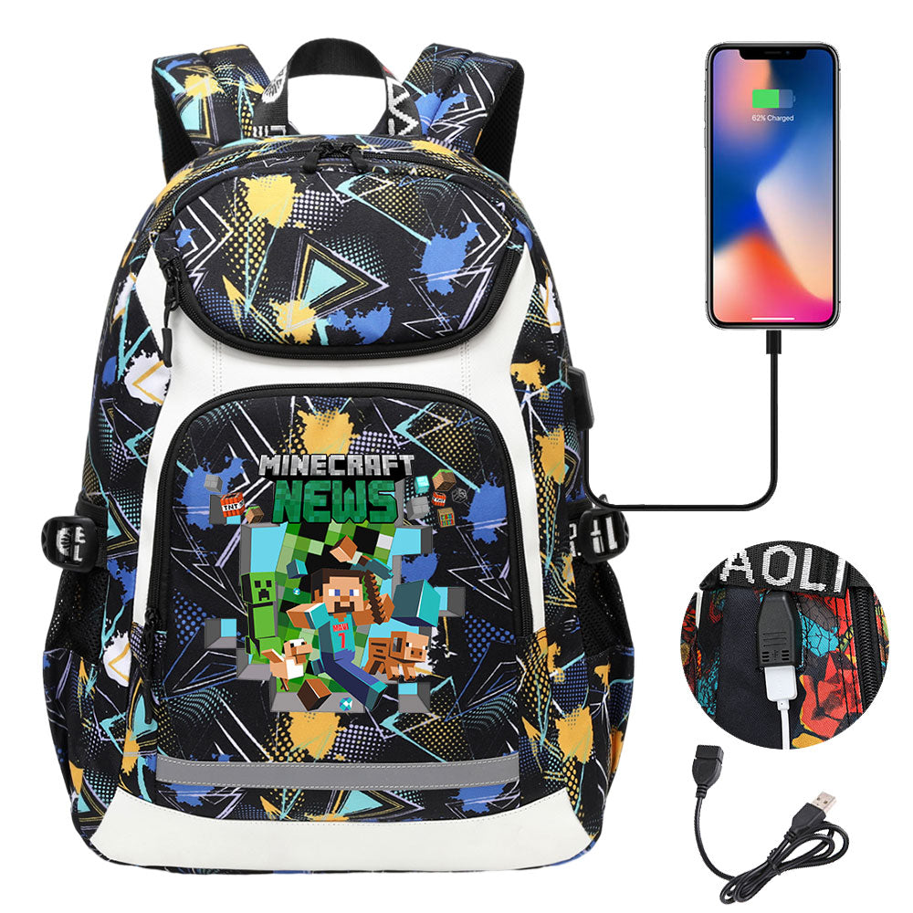 Minecraft USB Charging Backpack School Notebook Travel Bags
