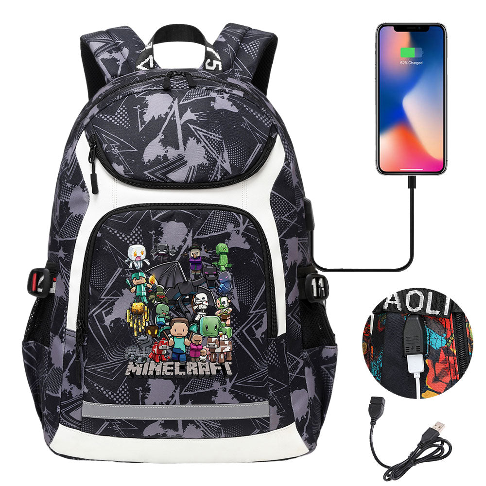 Minecraft USB Charging Backpack School Notebook Travel Bags