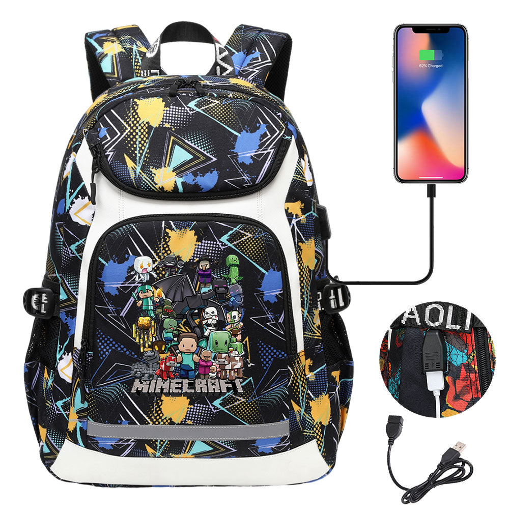 Minecraft USB Charging Backpack School Notebook Travel Bags