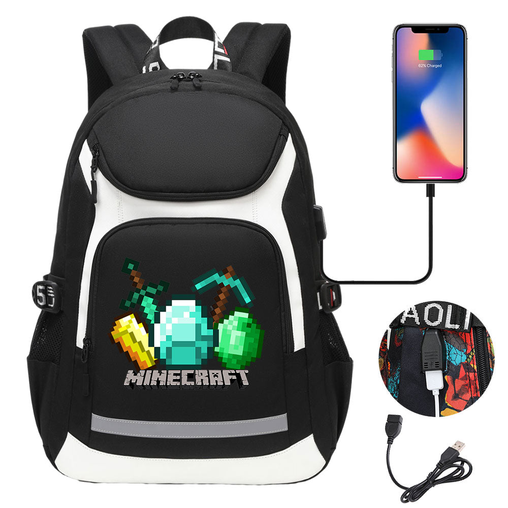 Minecraft USB Charging Backpack School Notebook Travel Bags