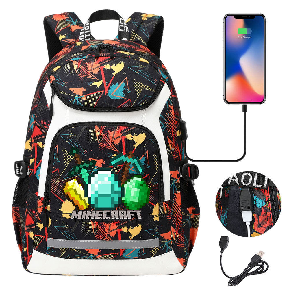 Minecraft USB Charging Backpack School Notebook Travel Bags