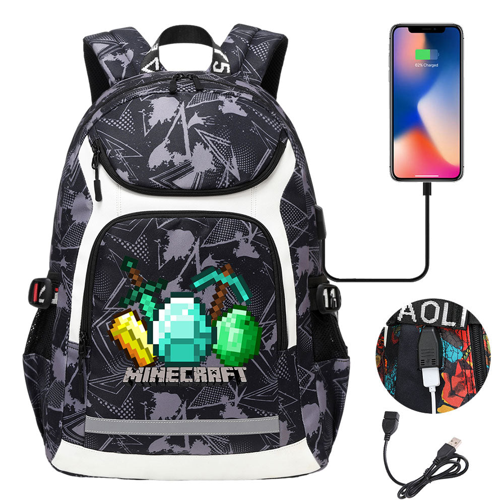 Minecraft USB Charging Backpack School Notebook Travel Bags