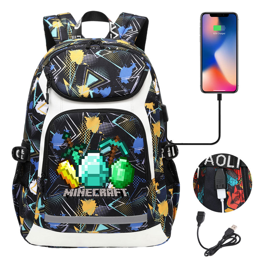 Minecraft USB Charging Backpack School Notebook Travel Bags