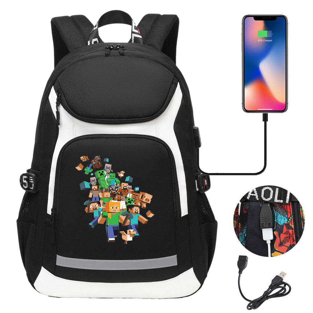 Minecraft USB Charging Backpack School Notebook Travel Bags