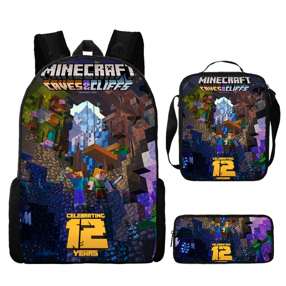 Minecraft Full Printed Backpack Schoolbag Travel Notebook Bag Lunch Bag Pencil Bag for Kids Students 3PCS