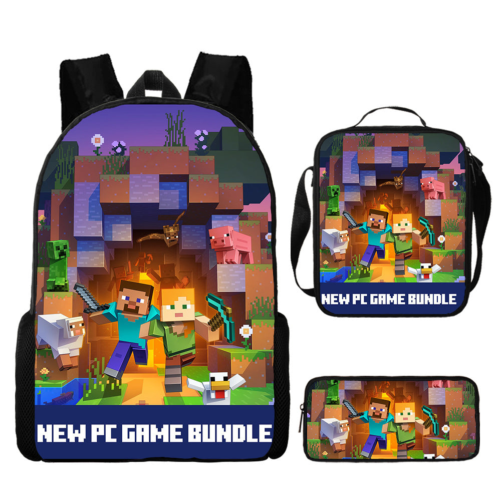 Minecraft Full Printed Backpack Schoolbag Travel Notebook Bag Lunch Bag Pencil Bag for Kids Students 3PCS