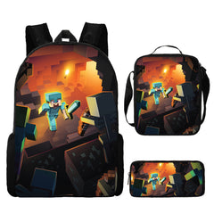 Minecraft Full Printed Backpack Schoolbag Travel Notebook Bag Lunch Bag Pencil Bag for Kids Students 3PCS