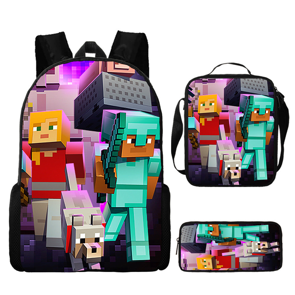 Minecraft Full Printed Backpack Schoolbag Travel Notebook Bag Lunch Bag Pencil Bag for Kids Students 3PCS