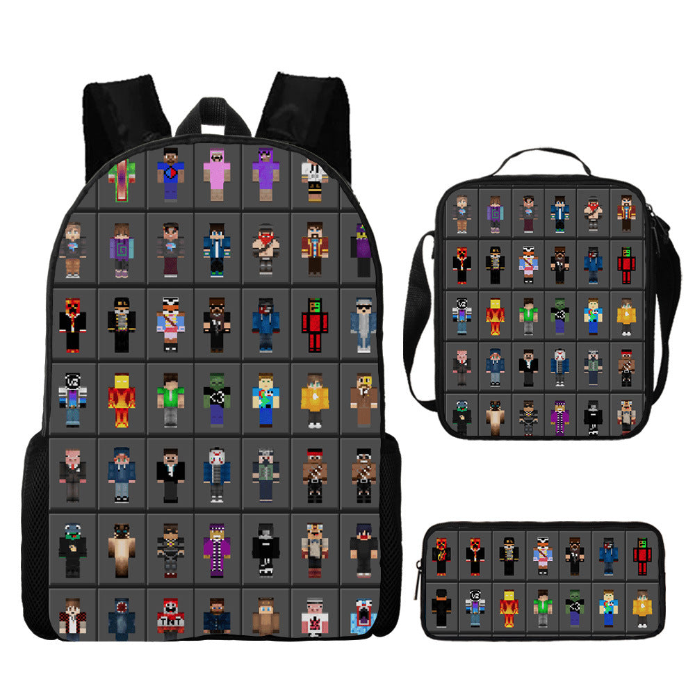 Minecraft Full Printed Backpack Schoolbag Travel Notebook Bag Lunch Bag Pencil Bag for Kids Students 3PCS