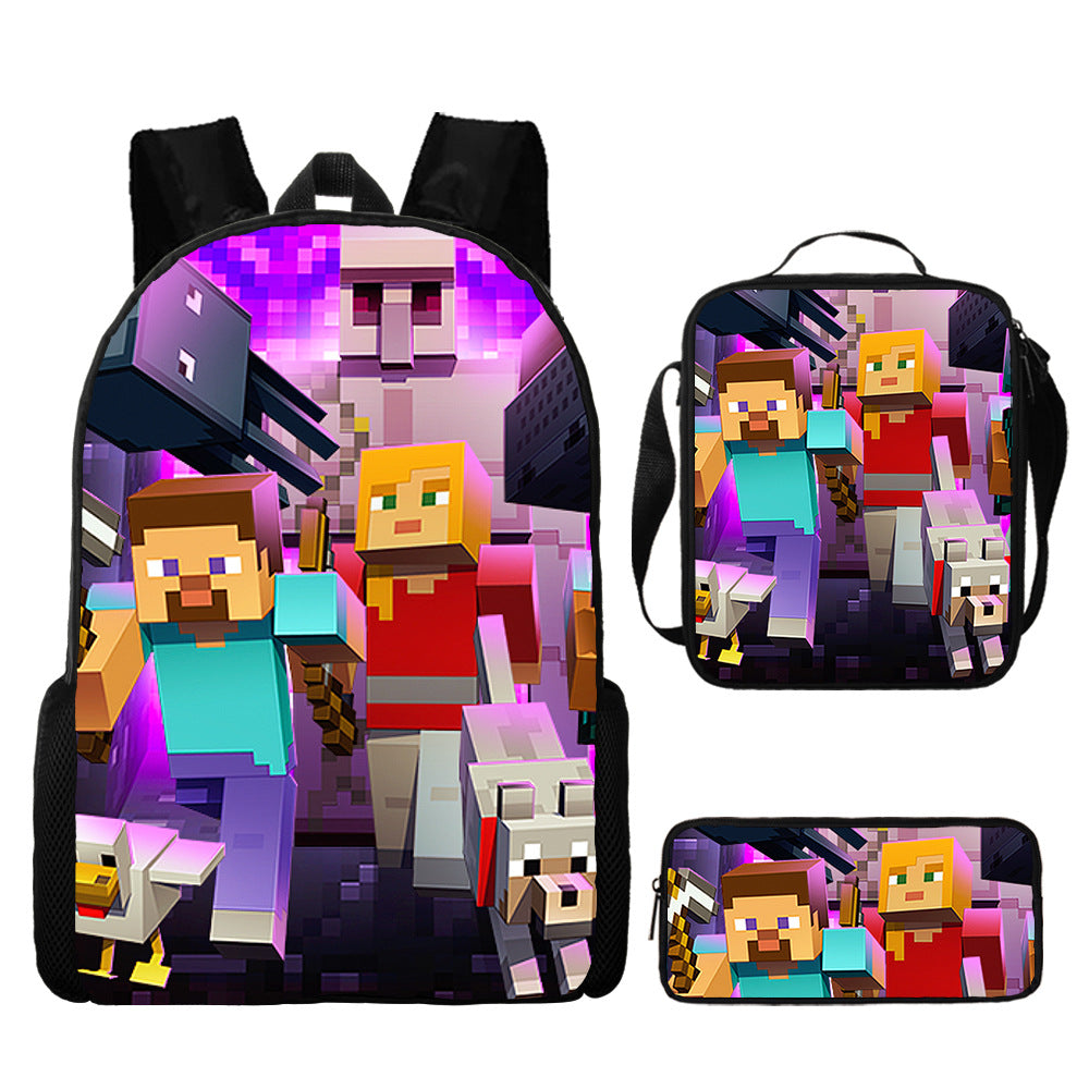 Minecraft Full Printed Backpack Schoolbag Travel Notebook Bag Lunch Bag Pencil Bag for Kids Students 3PCS