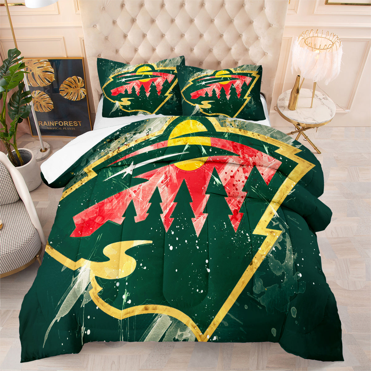 Minnesota Hockey Wild Comforter Pillowcases 3PC Sets Blanket All Season Reversible Quilted Duvet