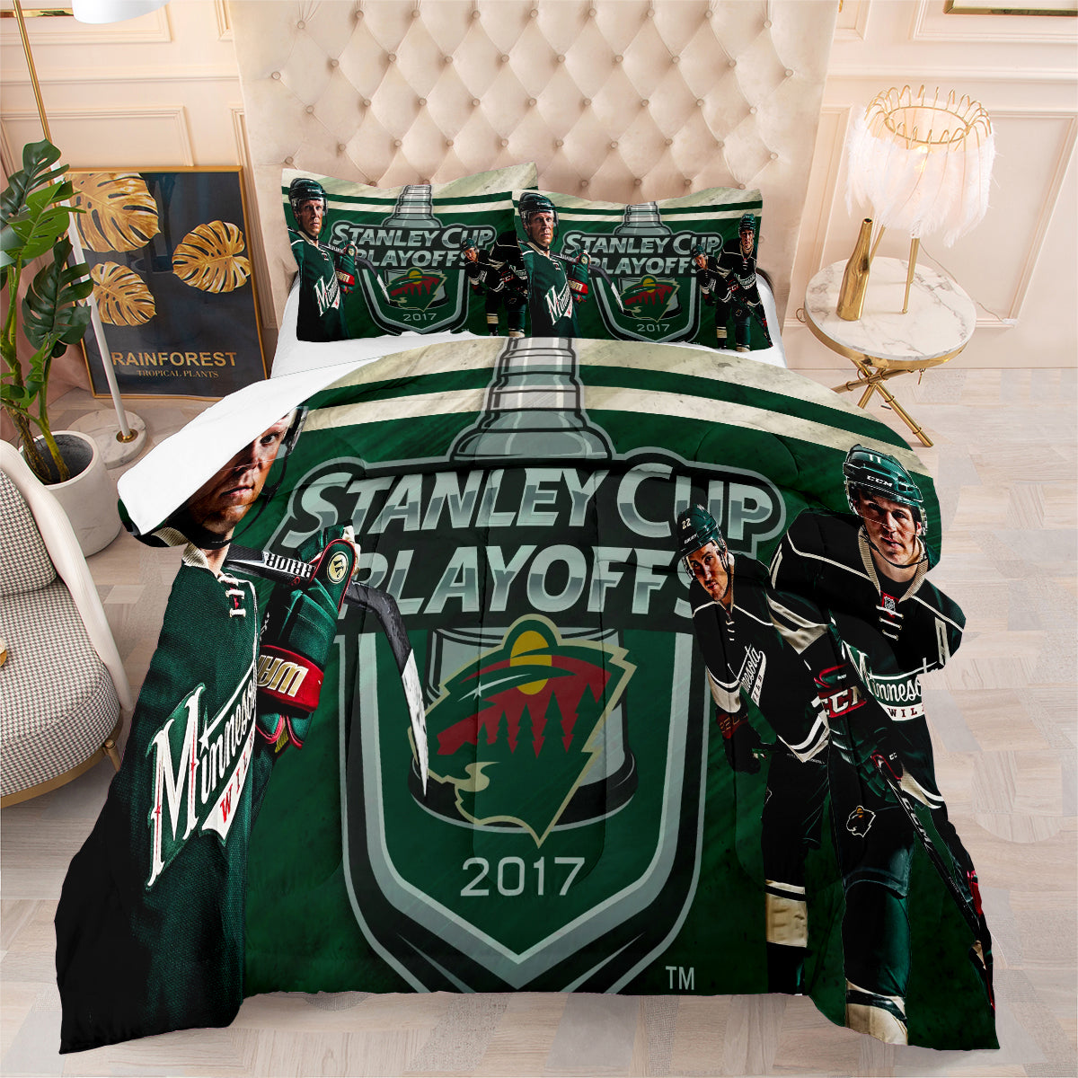 Minnesota Hockey Wild Comforter Pillowcases 3PC Sets Blanket All Season Reversible Quilted Duvet