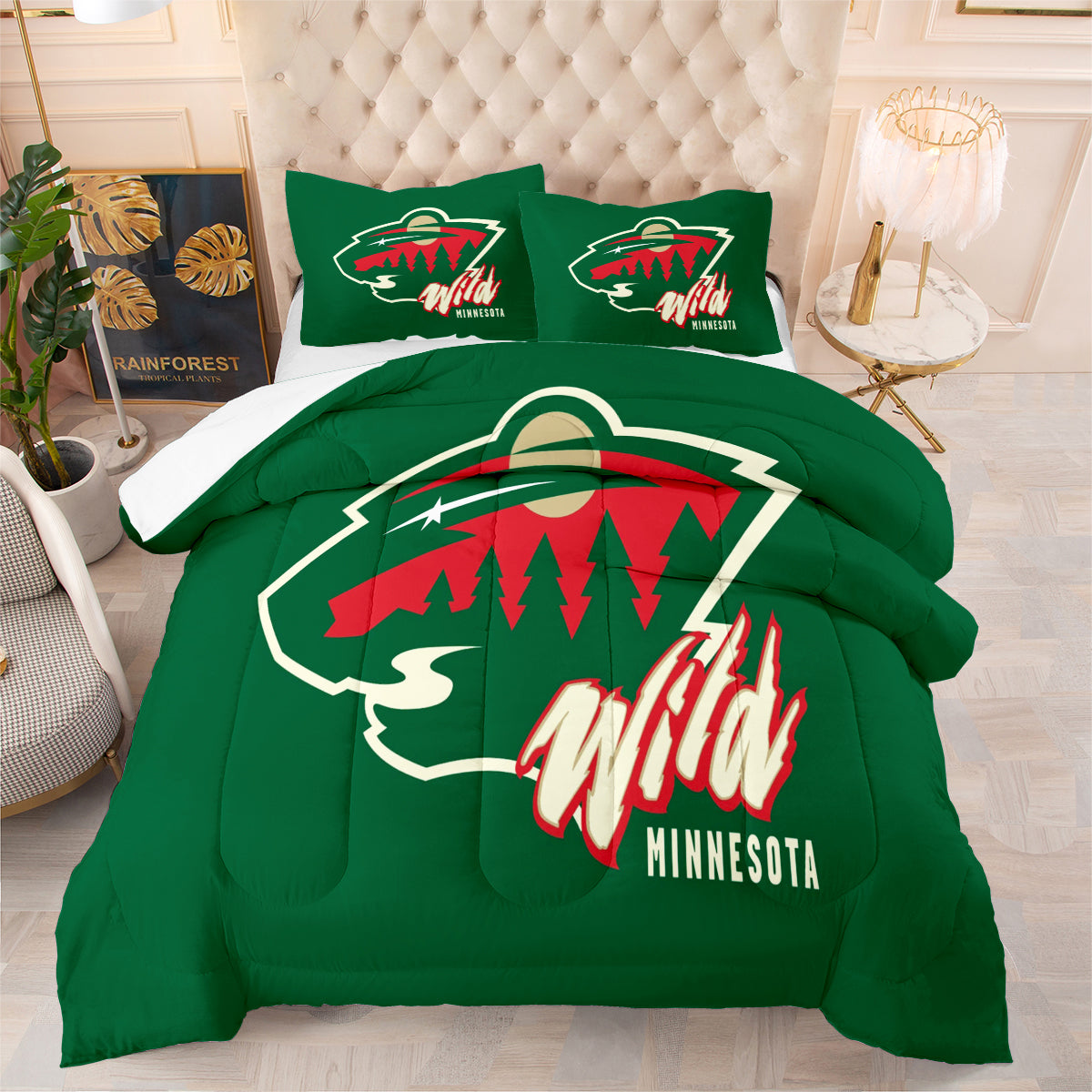 Minnesota Hockey Wild Comforter Pillowcases 3PC Sets Blanket All Season Reversible Quilted Duvet