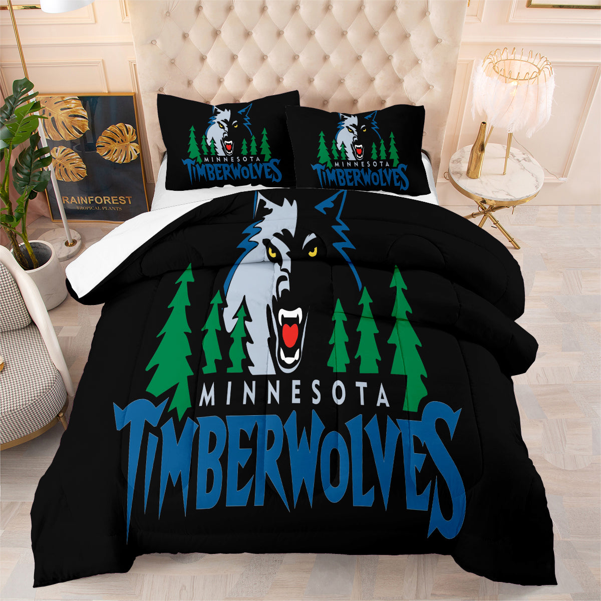 Minnesota Basketball Timberwolves Comforter Pillowcases 3PC Sets All Season Reversible Quilted Duvet