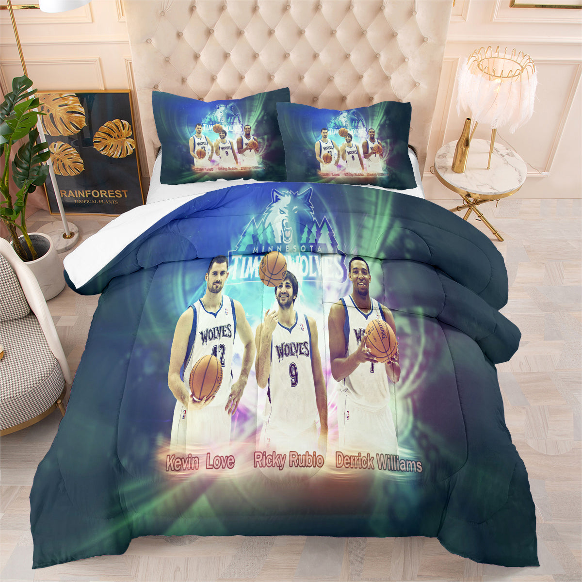 Minnesota Basketball Timberwolves Comforter Pillowcases 3PC Sets All Season Reversible Quilted Duvet